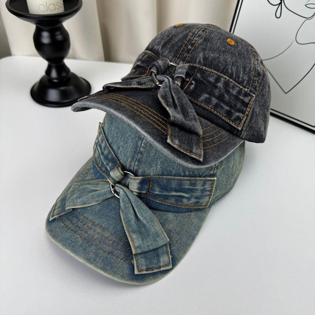 Women'S Korean Style Sweet Bow Tie Denim Baseball Cap Spring/Summer  Duckbill Sun Cap Fashion Accessory