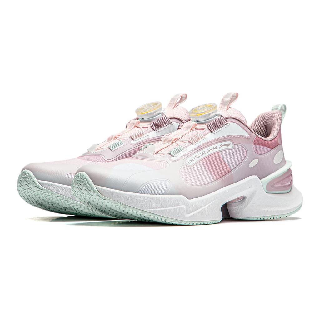 Li Ning Kids Qiang Yue Synthetic Leather Fabric Shock Absorbing Breathable Low Top Running Shoes Kids Running Shoes White Pink YKCU026-2