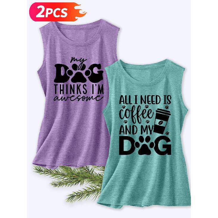 Follow a Specific Direction Two-piece Women's Sleeveless Vest with Vintage Print Summer Casual Wear Dog Coffee Fun Cute Essential Fashion Items for