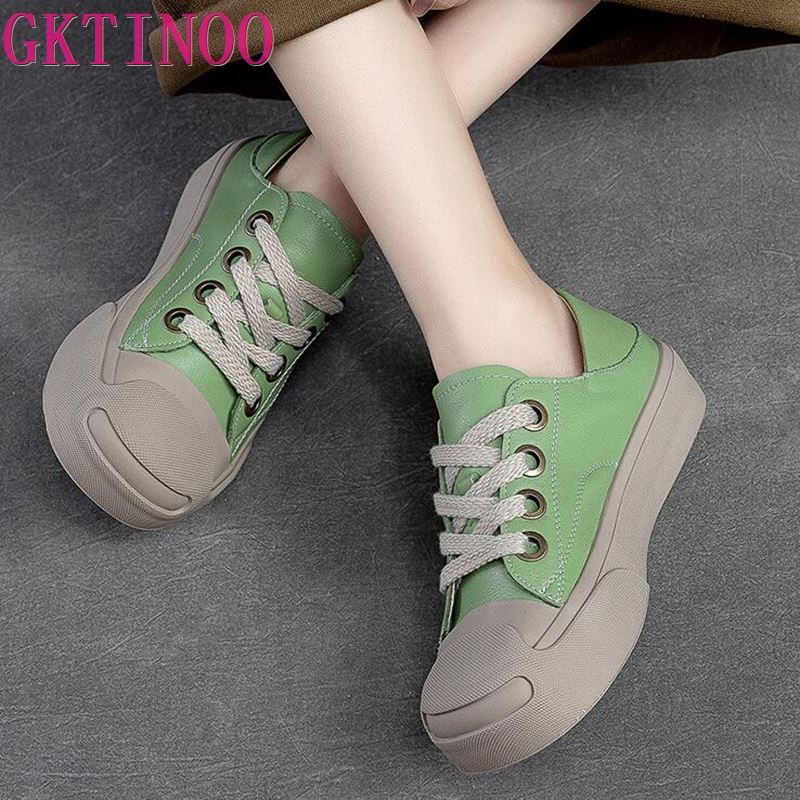 GKTINOO 2025 New Spring Genuine Leather Women Shoes Sneakers Lace-up Sewing Flat Handmade Leisure Comfortable Ladies Shoes