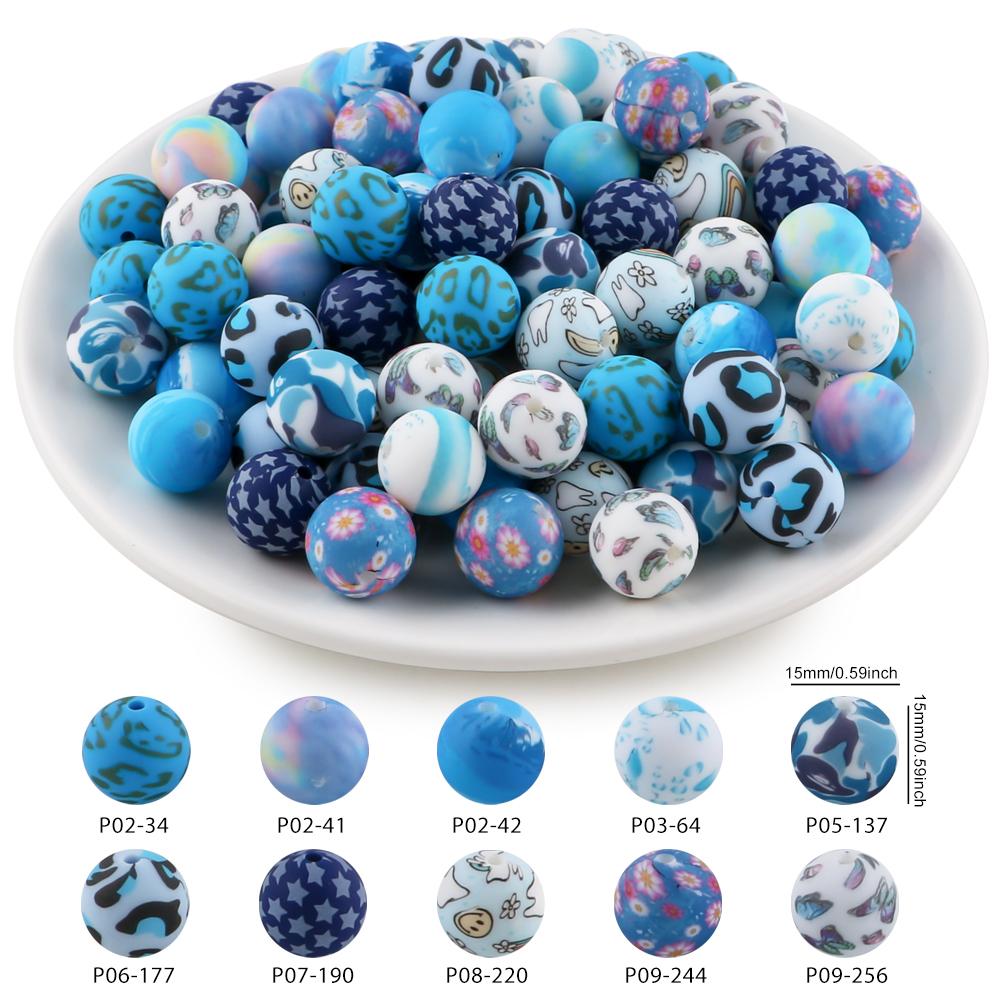 20Pcs/Bag 15MM Printed Silicone Beads Mixed For DIY Jewelry, Bracelets, Keychains, Etc