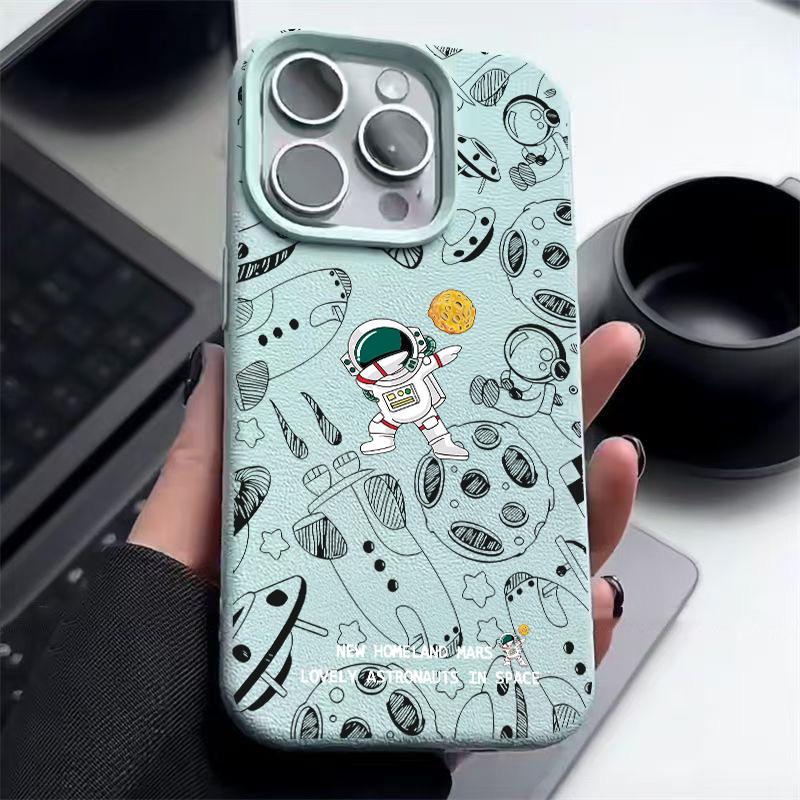 Cartoon Astronaut Pattern Leather Texture Phone Case for iPhone 16 Pro 15 14 13 12 Pro Max 11 Shockproof Tpu Soft Matte Slim Cover