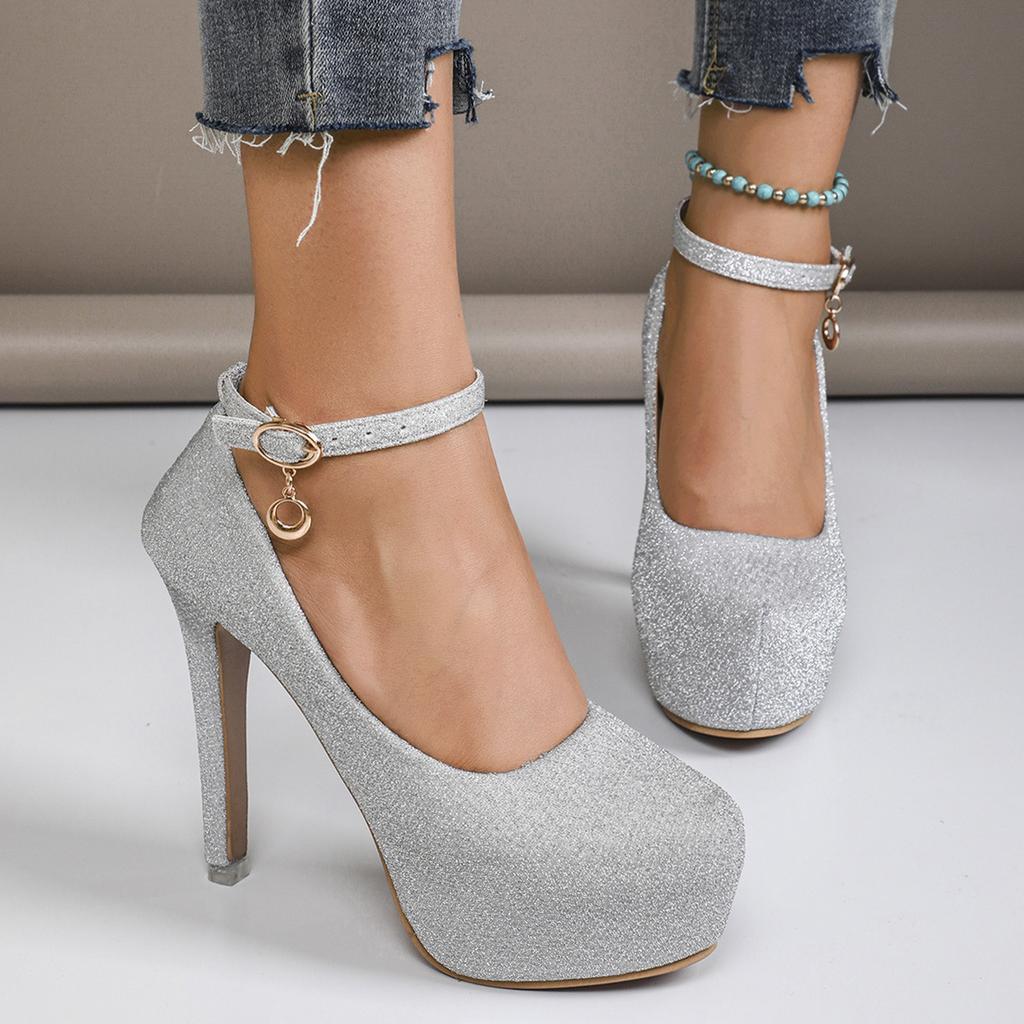 Women's High Heels New Style Semi-Uppered Thin Heel Waterproof Platform Buckle Fashion Shoes Large Size Strap Shoes