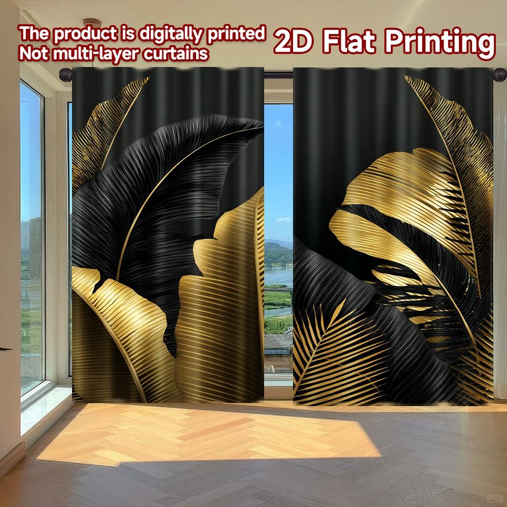 

2D FLAT PRINTING 2pcs Curtains (Without Rod) Golden and Black Leaves Valentine is day Festival Minimalist Curtains Fabric 100*130 HOOK 1pcs