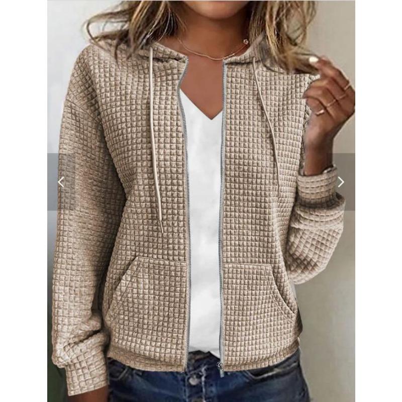 Womens Solid Color Hooded Zip Up Loose Long Sleeve Waffle Knit Sweatshirt