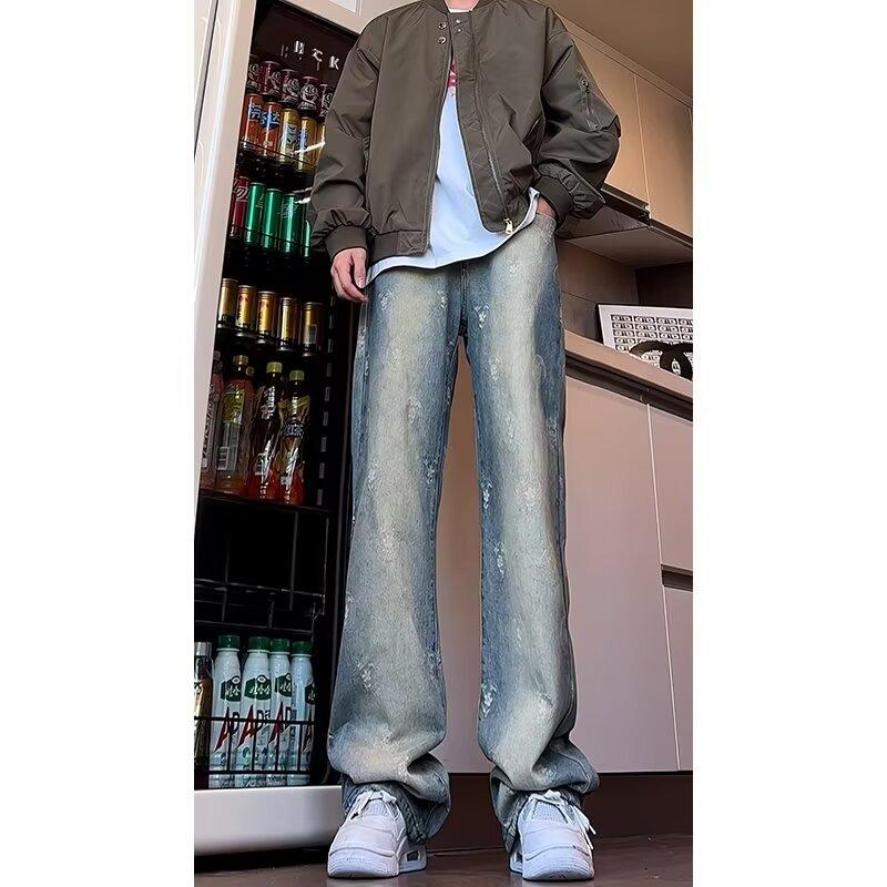 High Street Denimbukser for menn, Retro distressed, Løse rette benbukser, Vide sportsbukser, Trendy