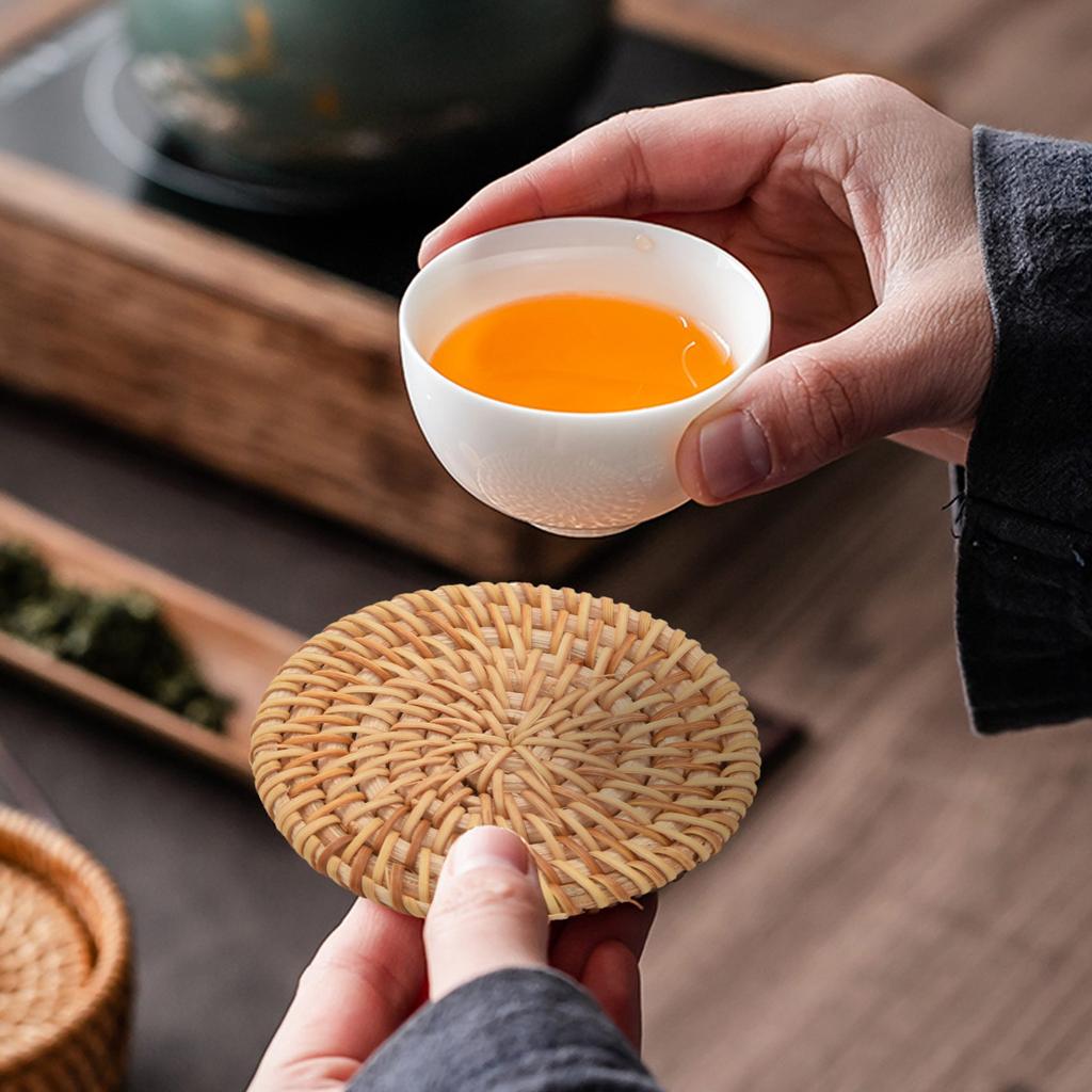 M-Modern-6Pcs/ Drink Coasters Set For Kungfu Tea Accessories Round Tableware Placemat Dish Mat Rattan Weave Cup Mat Pad Diameter