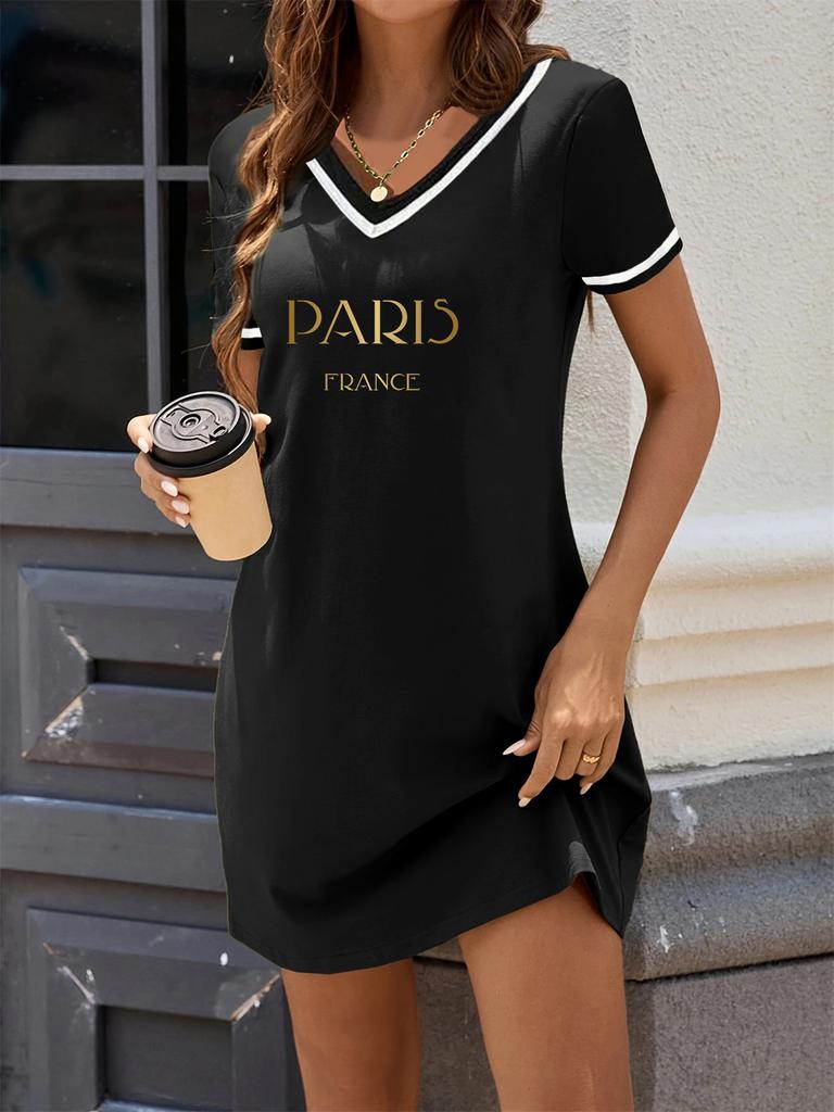 Fashionable Printed American Casual Style Color-Blocked V-Neck Short-Sleeve Long Top, Loose Fit, Casual and Slimming T-Shirt Dress