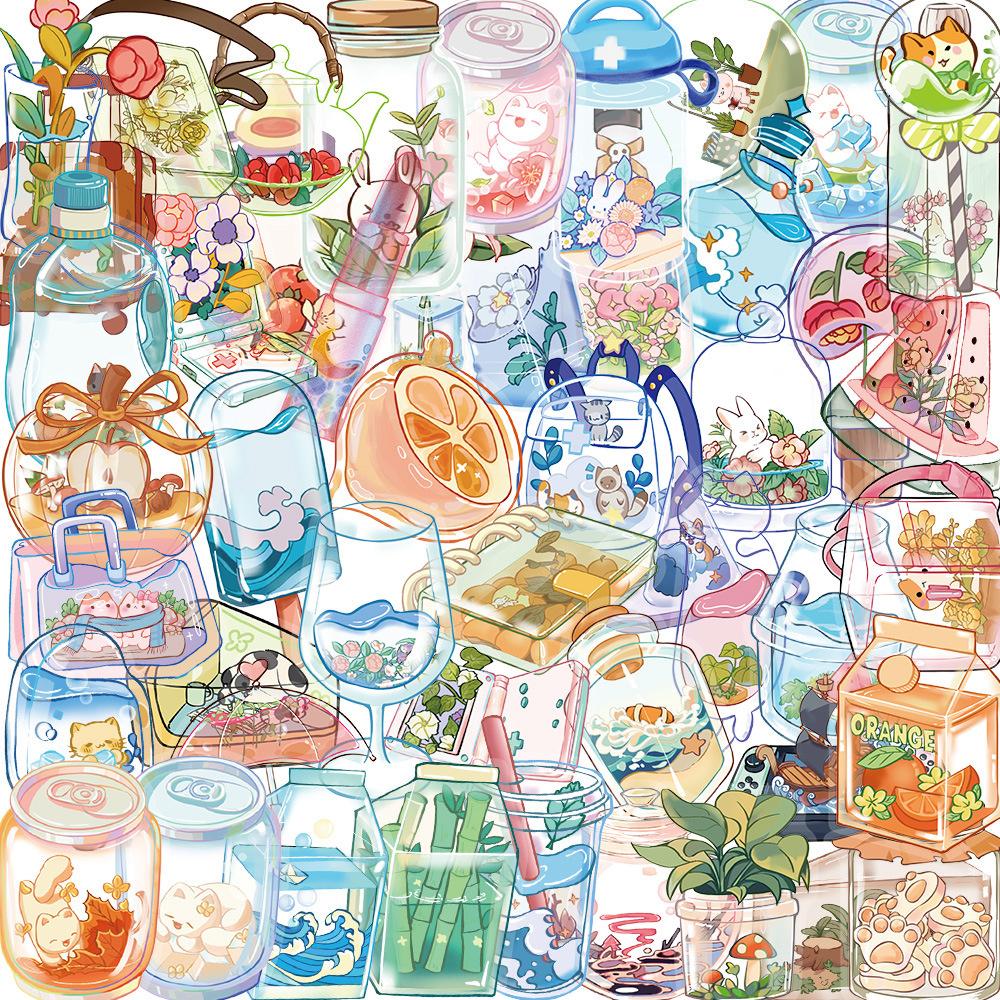 50pcs Transparent Glass Water Cup Drink Stickers Decals PET Journal Laptop Phone Fridge Decoration Sticker Scrapbooking Supplies
