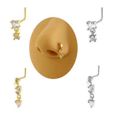 Lange Mode-Nasenringe aus Edelstahl für Damen, Kupfer mit Zirkonia-Herz-Anhänger, L-Bogen, Nasenpiercing-Schmuck, Körperschmuck 20G