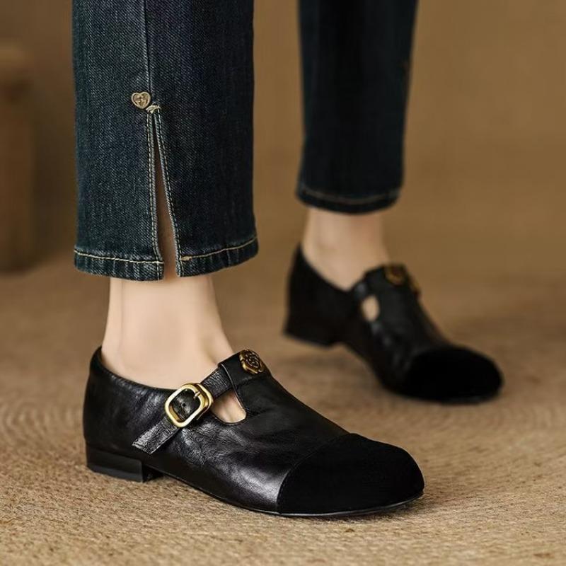 Fashion Women's Genuine  Mary Jane Flats, Contrast-Stitching Suede Cap Toe Gold Tone Buckle Ankle T-Strap Low Heel Hot Sale 2025