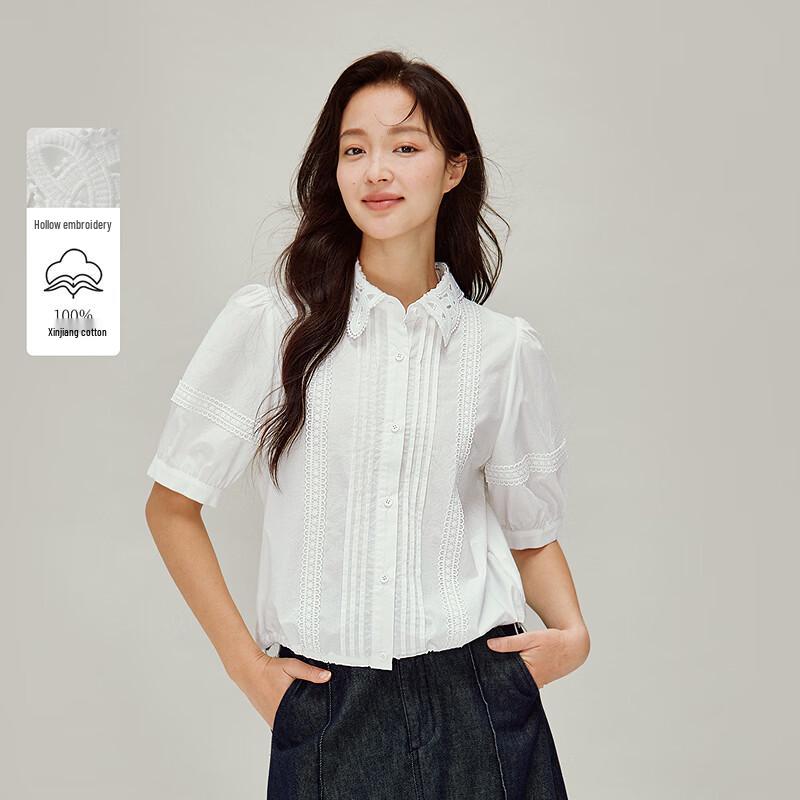 INMAN Women s Embroidered Cotton Puff Sleeve Blouse S