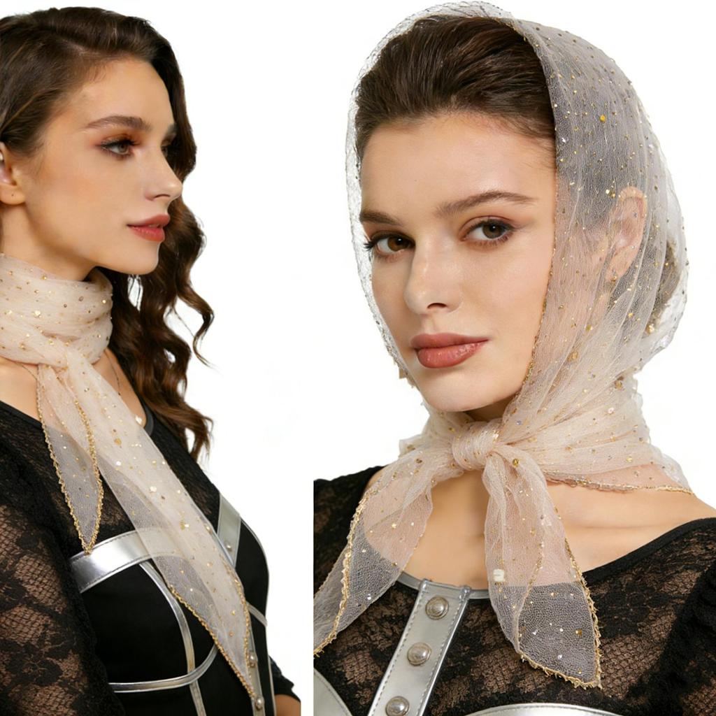 80cm Glitter Rhinestone Square Scarf, Sparkly Mesh Head Wrap for Women