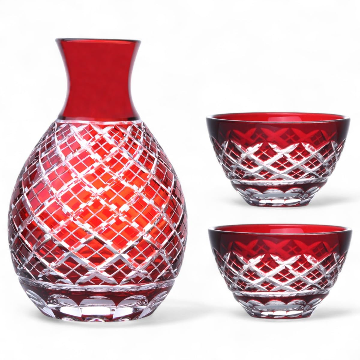 

Стаканы из стекла кирико Мизукаге для саке на 1 бутылку саке и 2 саке с бриллиантовым узором, современная модель J-kitchens (Набор чашек) Узор, Красный,