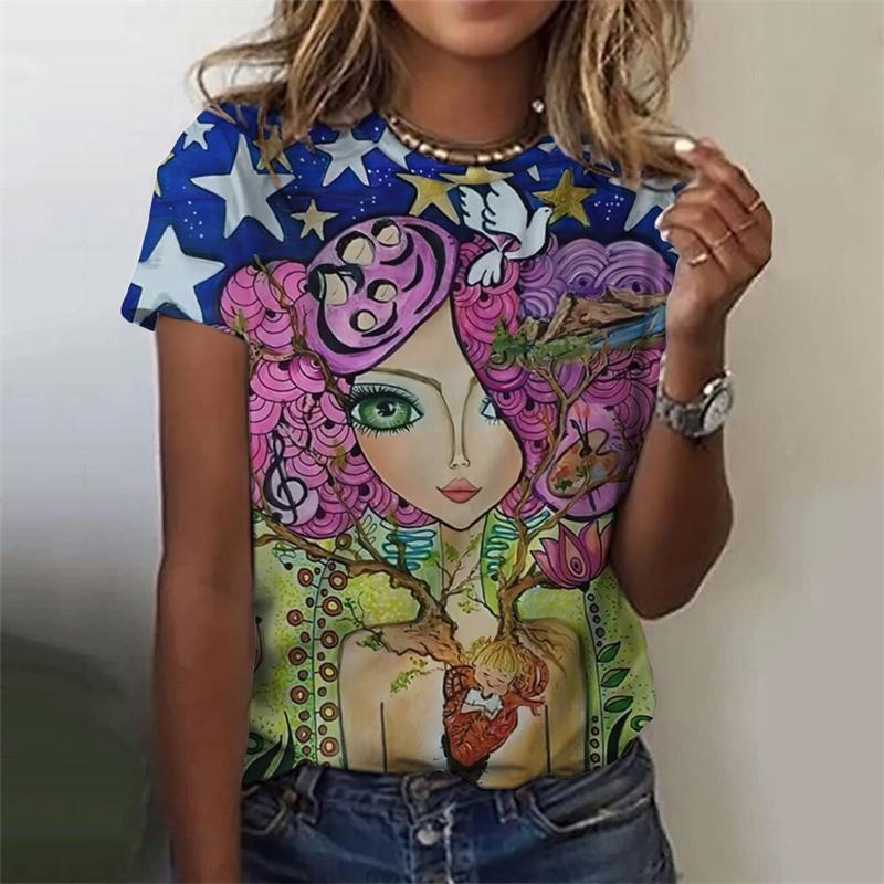 Classic Girls Face Painting 3D Graphic Tee Fashion Floral Print T Shirts For Woman Girl Street Harajuku Colorful Tshirt Tops