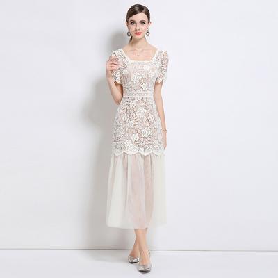 Summer Women Elegant Square Collar Flower Water Soluble Lace Mesh Patchwork Long Maxi Slim Bodycon Party Dresses For Graduation
