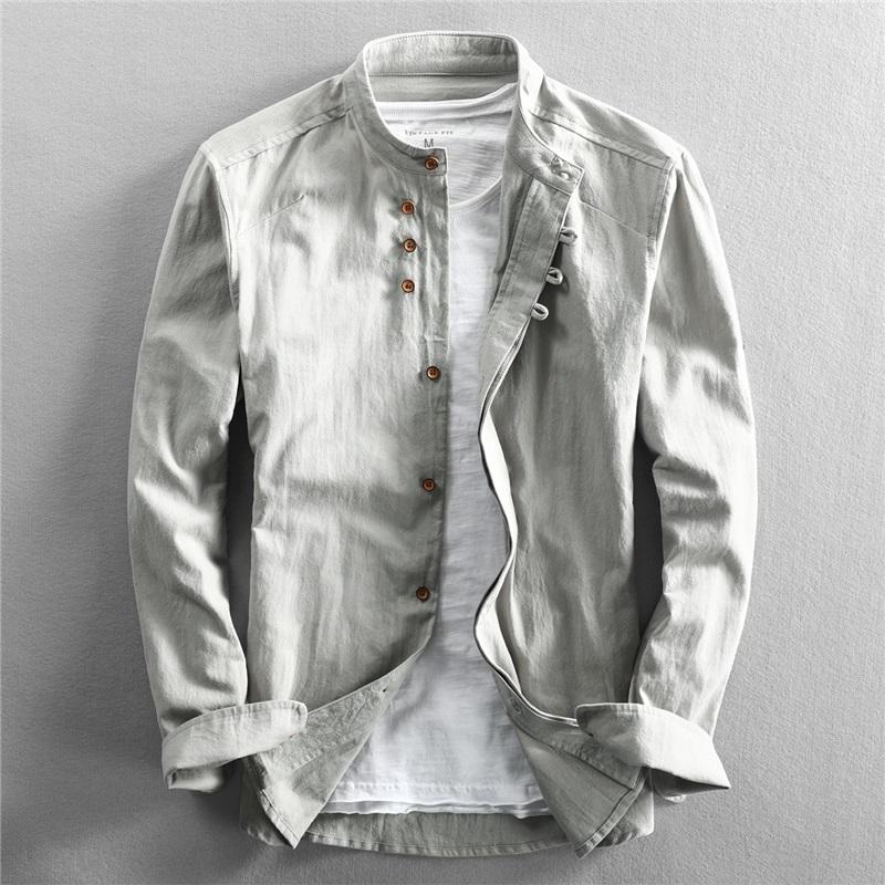 Camicia Casual in Lino da Uomo Primavera Stile Cinese Retrò Sottile Collo Alto Slim Cotone e Lino