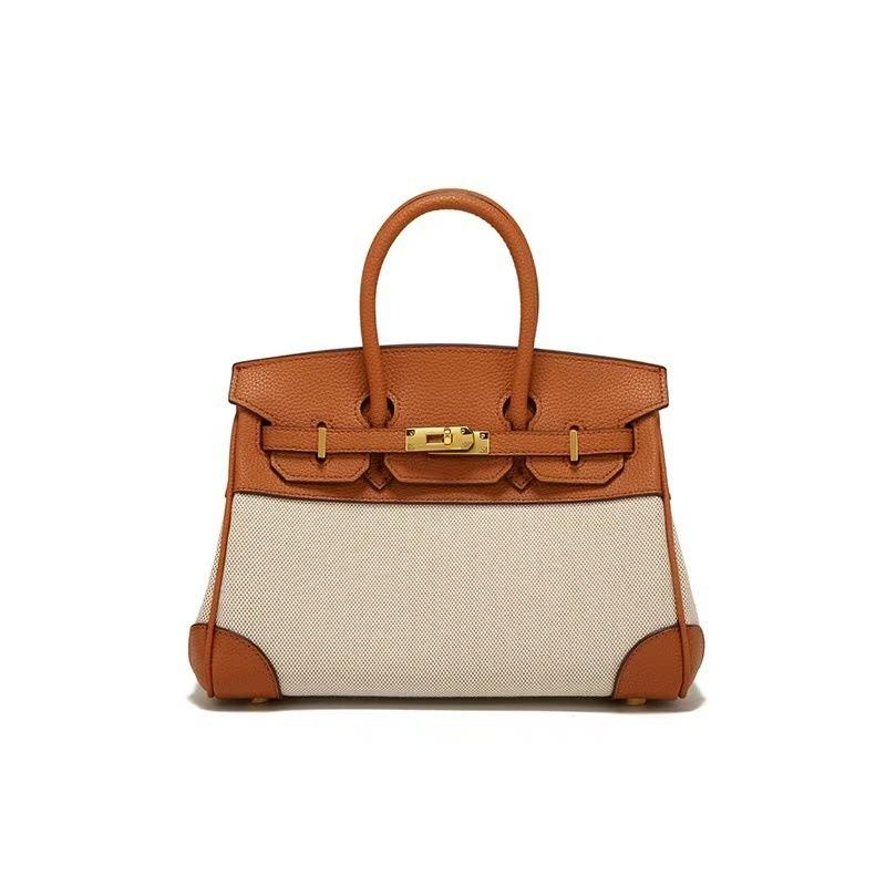 Classic Fashion Lychee Pattern/canvas Splicing Contrasting Color Large Capacity Portable Shoulder Messenger Bag Bag