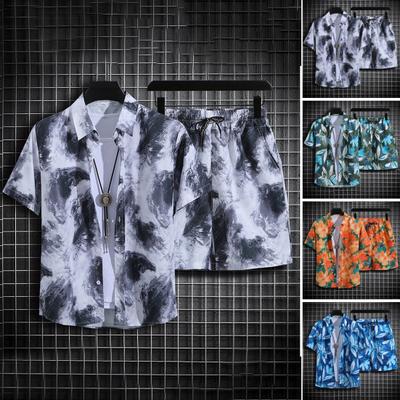 2Stk/Set Herren Strandoutfit Revers Kurzarm Einreiher Hemd Elastischer Kordelzug Taille Weitbeinige Shorts Set