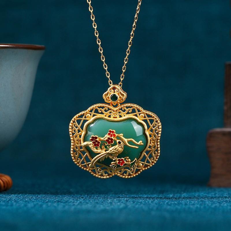 Elegant Chinese-Inspired Enamel Pendant Necklace With Gemstone Accents Women Gold-Plated O-Link Chain 41-50cm Adjustable