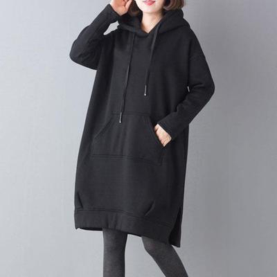 Frauen Herbst Winter Hoodie mit Großen Tasche Kordelzug Schlitz Saum Einfarbig Lose Knie