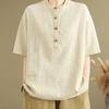 Plus Size Retro Linen Button Pocket T-shirt - Women's Slimming Fashion Short Sleeve Top for Summer 2025.