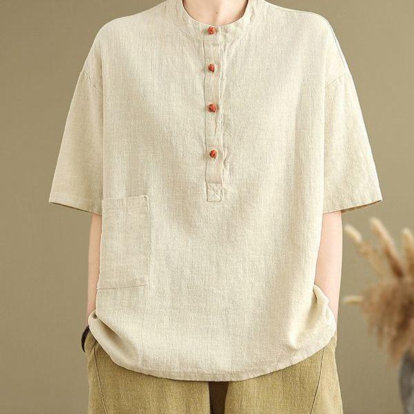Plus Size Retro Linen Button Pocket T-shirt - Women's Slimming Fashion Short Sleeve Top for Summer 2025.