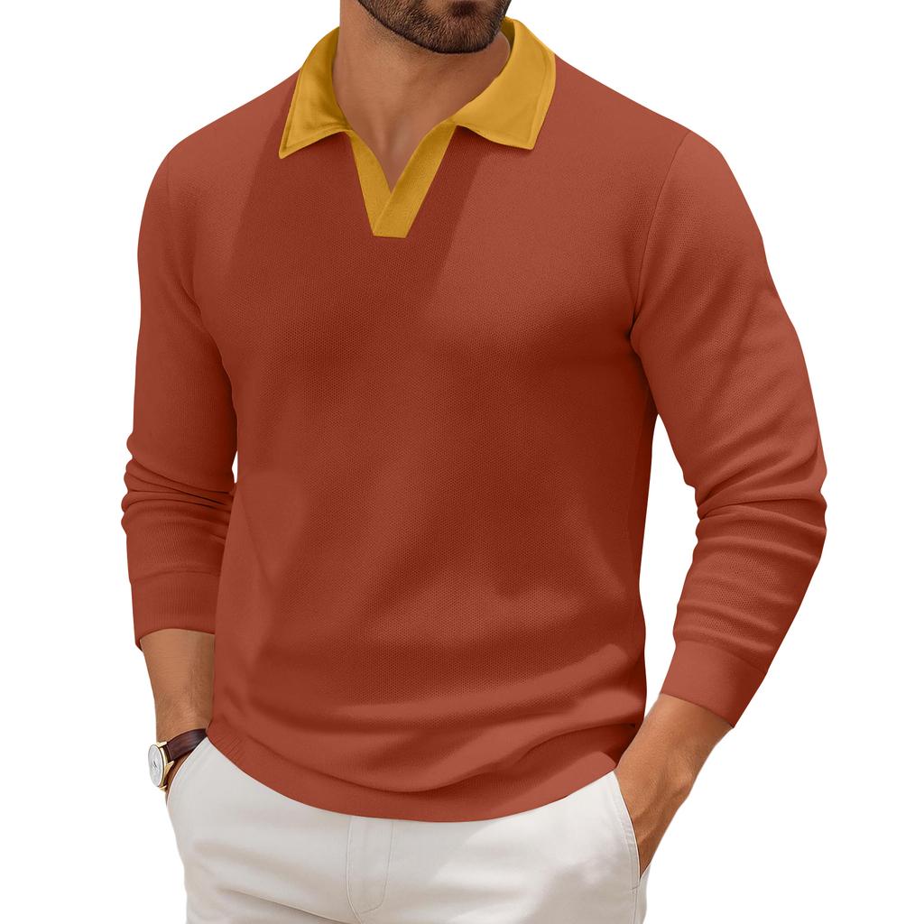 Men's Casual Color-Block Collared Long-Sleeve Knit Base Layer Top