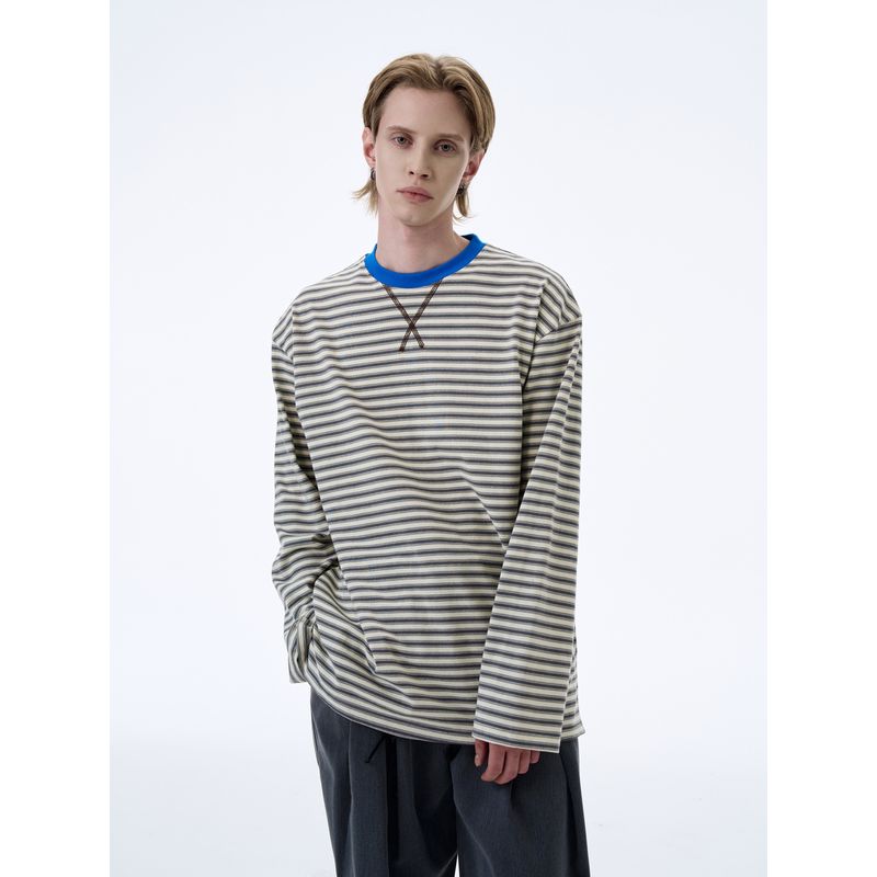 Kisko American Retro Classic Striped Color-Blocked Loose Long-Sleeve T-Shirt for Men and Women, High-End Casual Sports Style Top