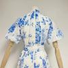 2023 Autumn Stand Collar Puff Sleeve Belted Print Long Dress for Women