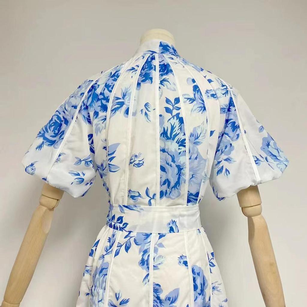2023 Autumn Stand Collar Puff Sleeve Belted Print Long Dress for Women
