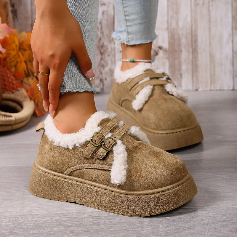 Modne buty casualowe z okrągłym noskiem, na grubej podeszwie, futrzane, damskie, 2025, zimowe, ciepłe, pluszowe śniegowce na platformie, z metalową klamrą, zamszowe botki do kostki
