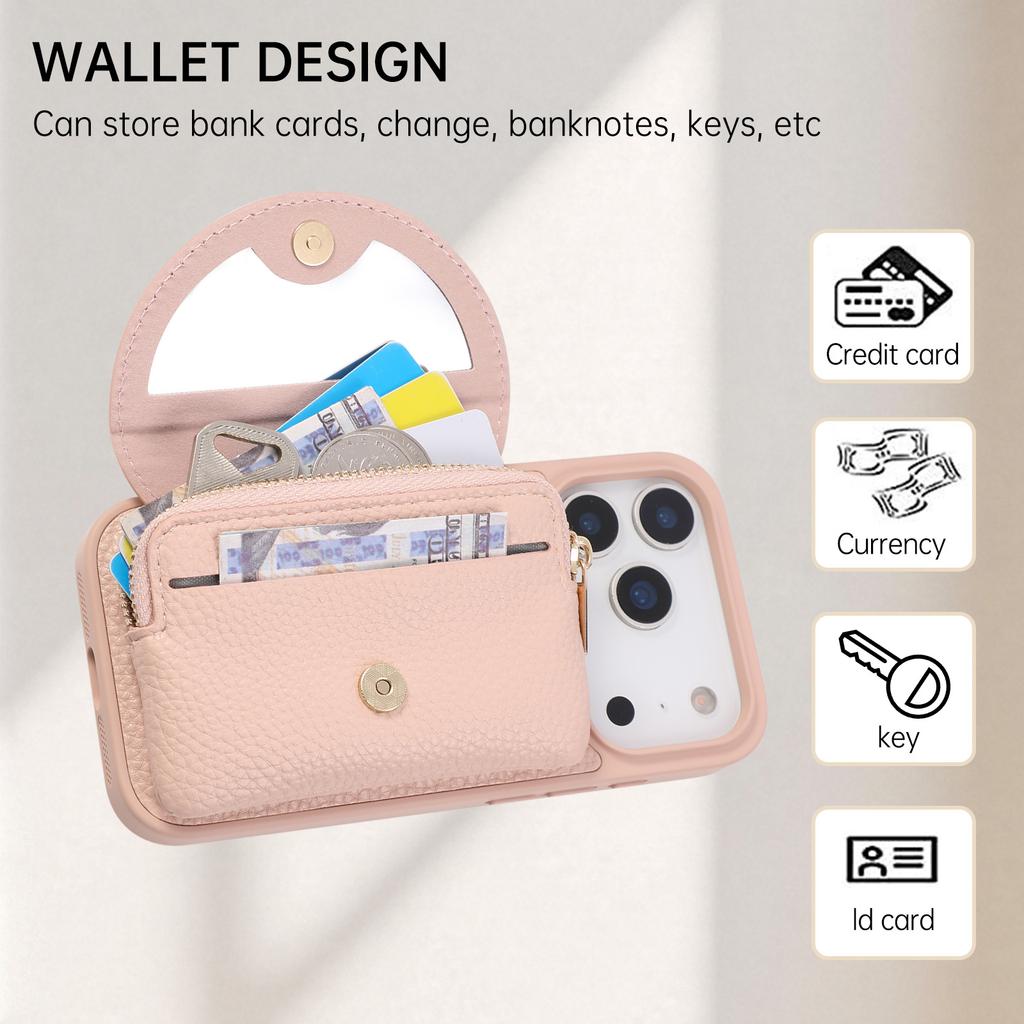 Crossbody Long Lanyard Leather Cards Solt Wallet Case For iPhone 17 Pro Max 16 Plus 15 14 13 Built in Makeup Mirror Bag Cover