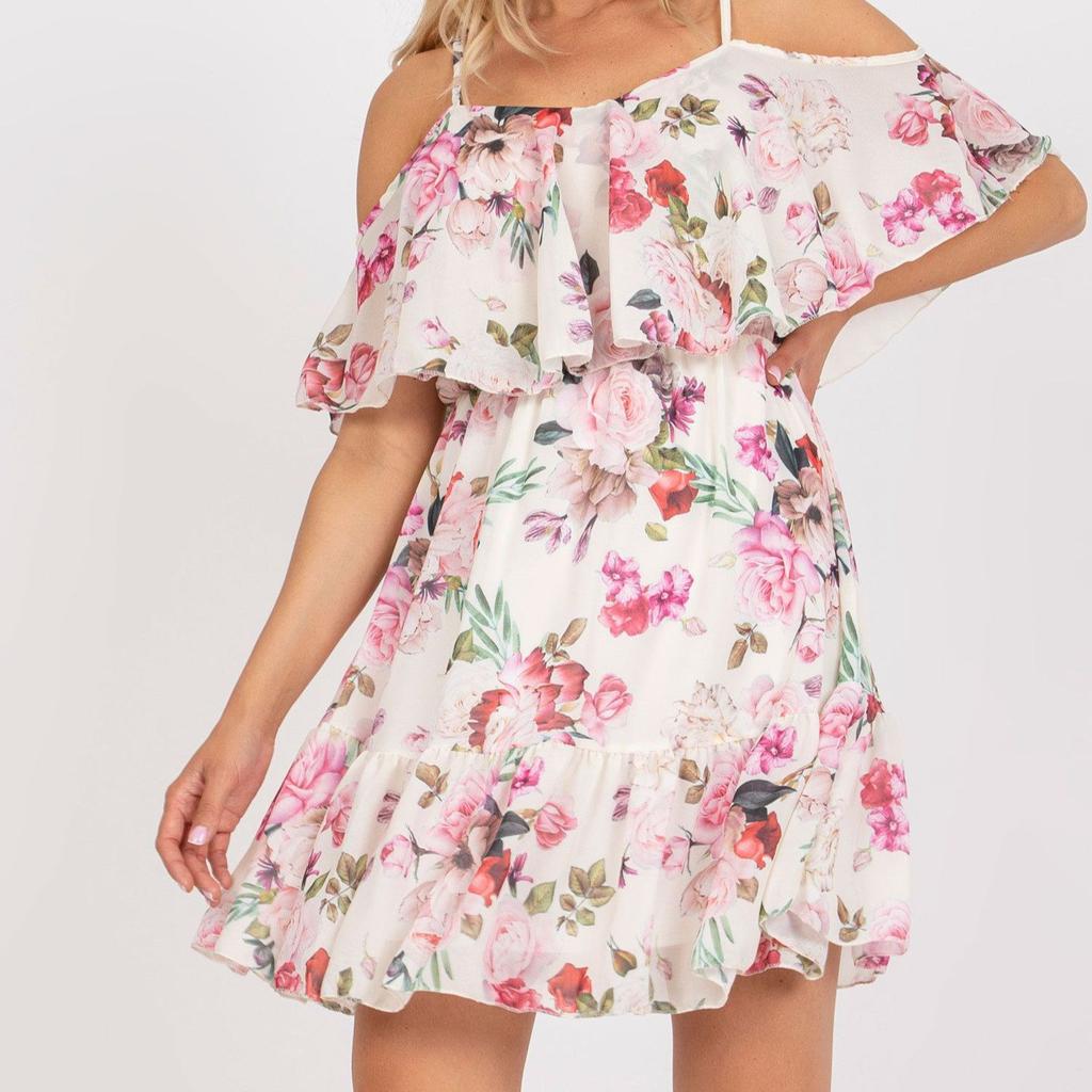 European and American floral A-shaped dress, off-the-shoulder suspender ruffle edge short waist romantic beach dress