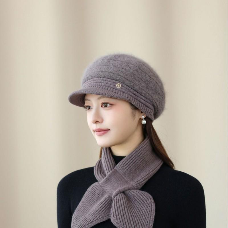 Warm Knit Beanie Hat Women Seniors Rabbit Fur Blend Winter Cap With Adjustable Fit Short Brim