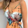 Καλοκαιρινό Γυναικείο Φόρεμα Μίνι Bodycon με Βαθύ V και Φλοράλ Φύλλα, Γυναικείο με Λεπτές Τιράντες, Μποέμ Παραλιακό, Ζώνη με Φιόγκο