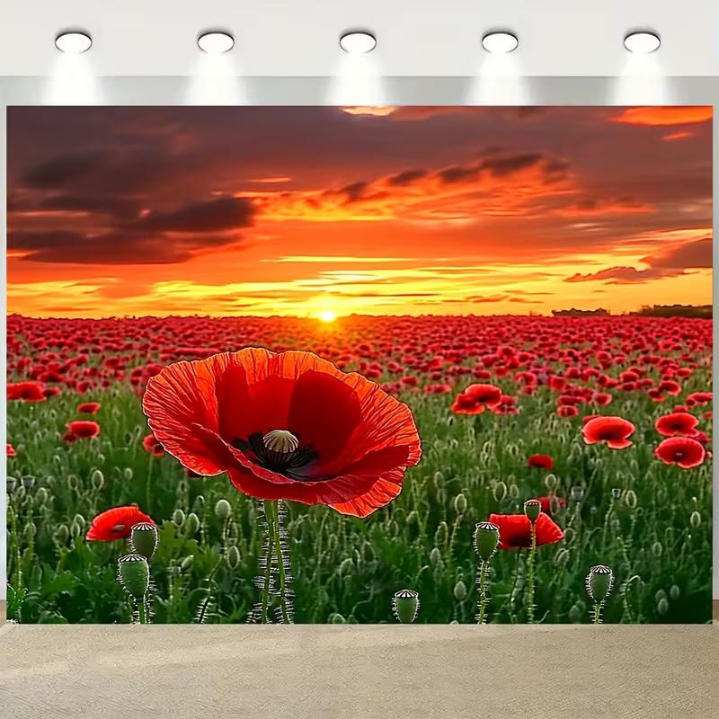 2D HD Red Poppy Flower Field Backdrop, Sunset Sky Floral Photo Background Cloth