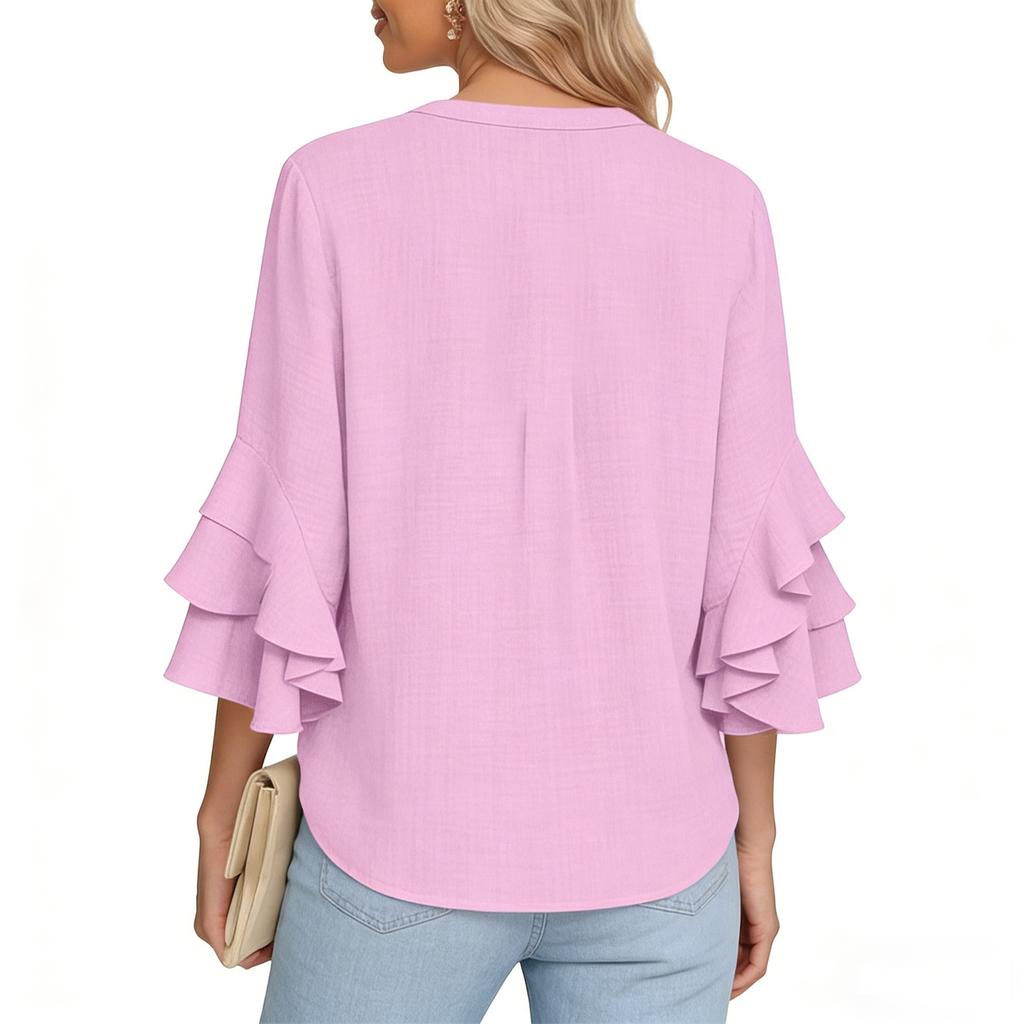 3/4 Ruffle Sleeve Tops Cotton Linen V Neck Blouses Casual Dressy Elegant Shirts Bebonnie Beach Tees