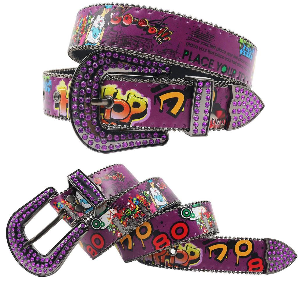 Bohemian Graffiti Rhinestone Leather Belt - Casual & Versatile European-American Style