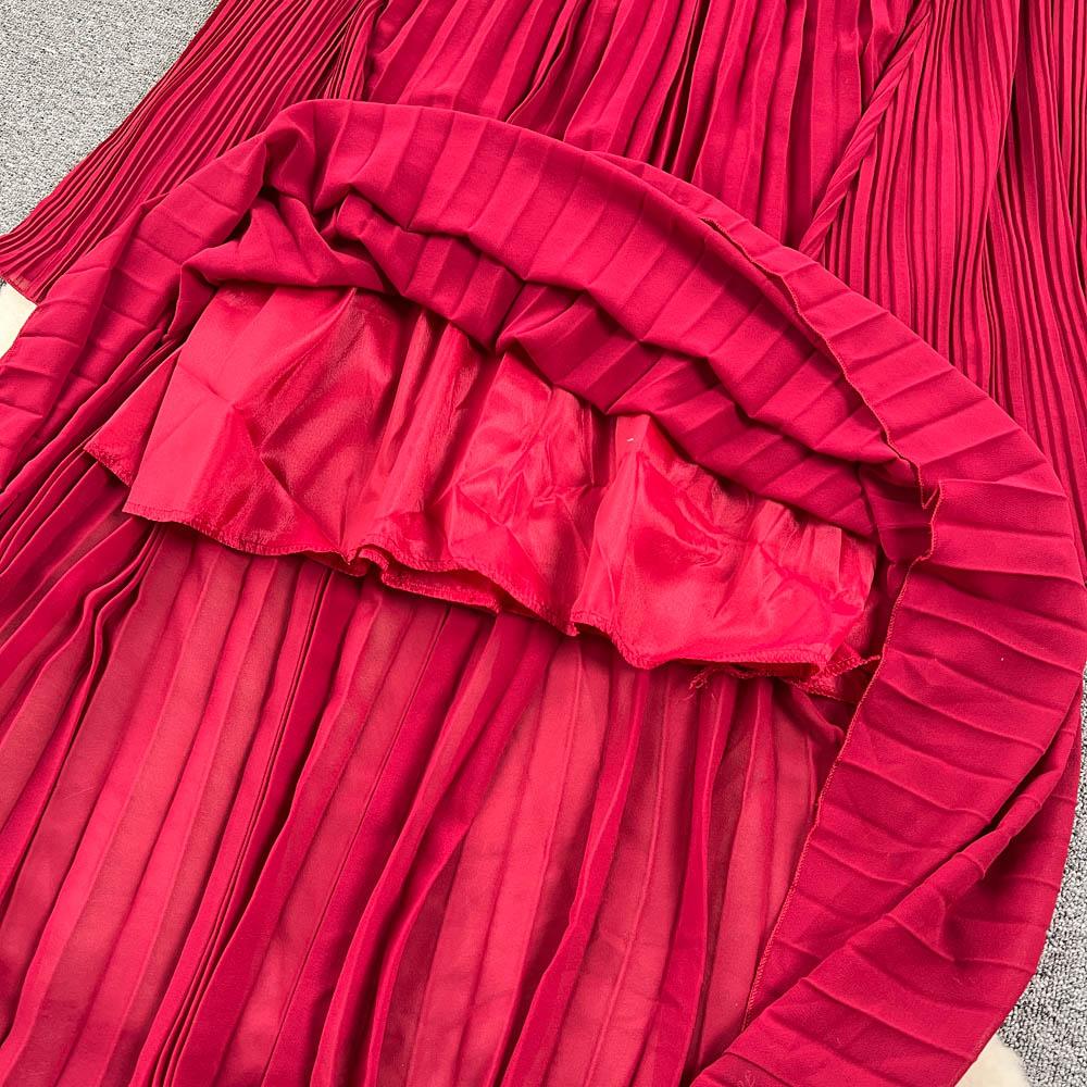 Herbst Vintage Frauen Chiffon Gefaltete Lange Kleid Elegante Halter Aushöhlen Flare Hülse A-Line Drapierte Maxi Weibliche Neue