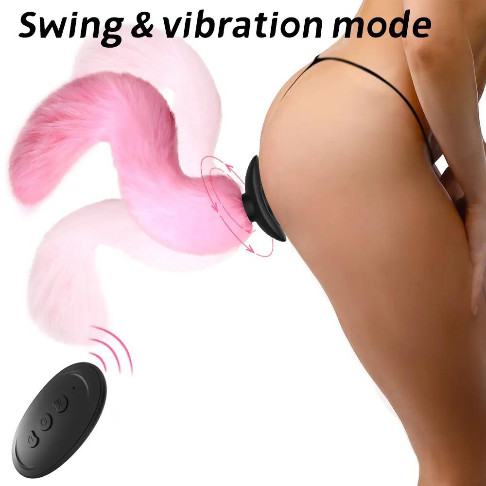 Real Fox Tail Anal Plug Vibrator Cosplay Remote Control Swing Butt Plug Female Masturbator Clitoris Stimulator Sex Toy for Woman