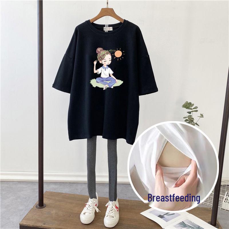Korean Style Summer 2022 Loose Fit Nursing T-shirt for Pregnant Women - Short Sleeve, Mid-length, Plus Size, Trendy