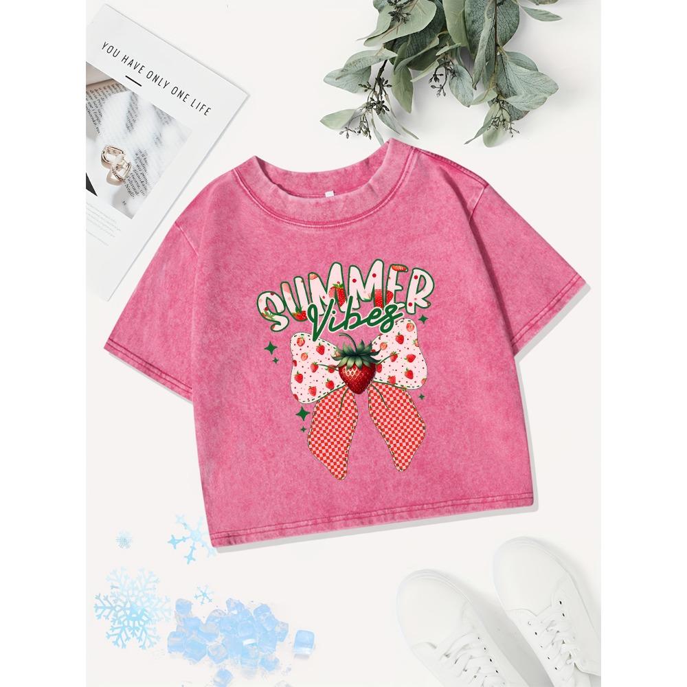 Casual Cotton Crop Tops Womens Summer Vibes Strawberry Prints Washed T-Shirts Distressed  Fit Tees Street Clothes