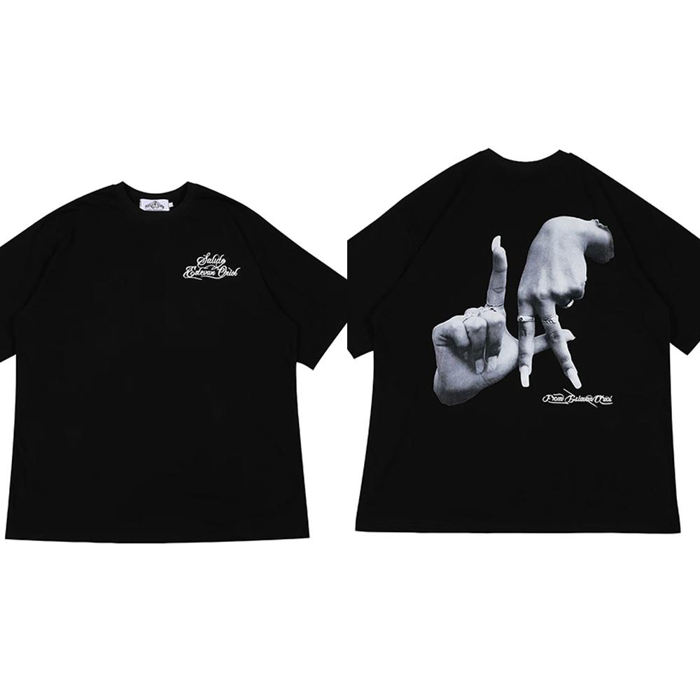 Finger Cross Print White Black Y2K Tshirts for Men and Women Short Sleeve Streetwear 100% Cotton Loose Tops Breathable Tee