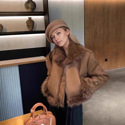 Damen Kunstfell Lammfell Cropped Jacke Pelzkragen Reißverschluss Langarm Warm Kunstwildleder Winter Kurze Oberbekleidung
