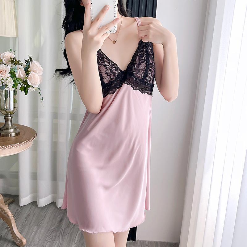 Women's Summer Ice and Snow Silk Suspender Nightgown Sexy Lace Beautiful Back Nightgown Two-piece Set Pajamas Loungewear Live Stream