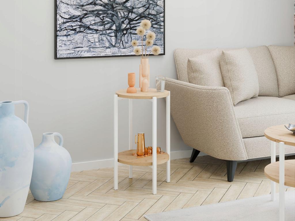 Stolik Pomocniczy Okrągły Loft Z Półką 35X35X62 Cm Metalowy Biały