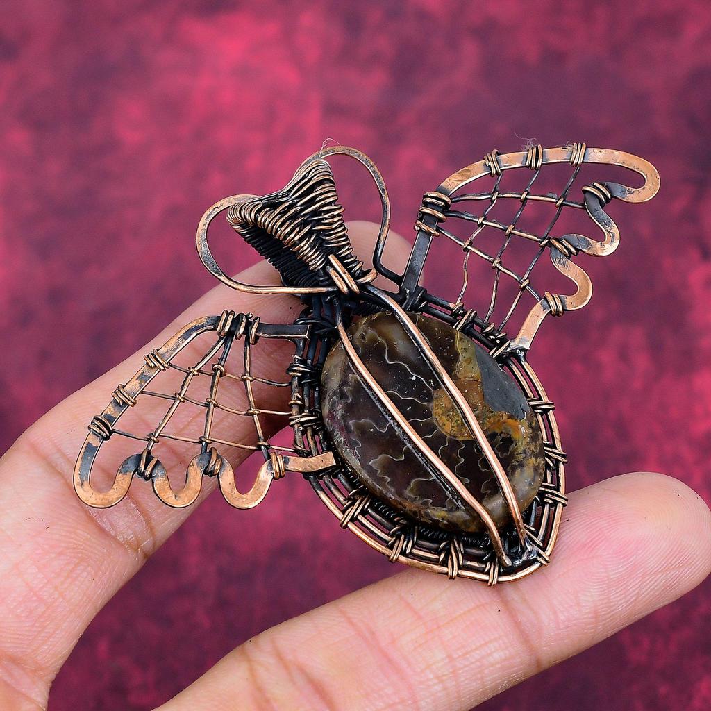 Ammonite Fossil Pendant Copper Wire Wrapped Butterfly Pendant Gemstone Jewelry