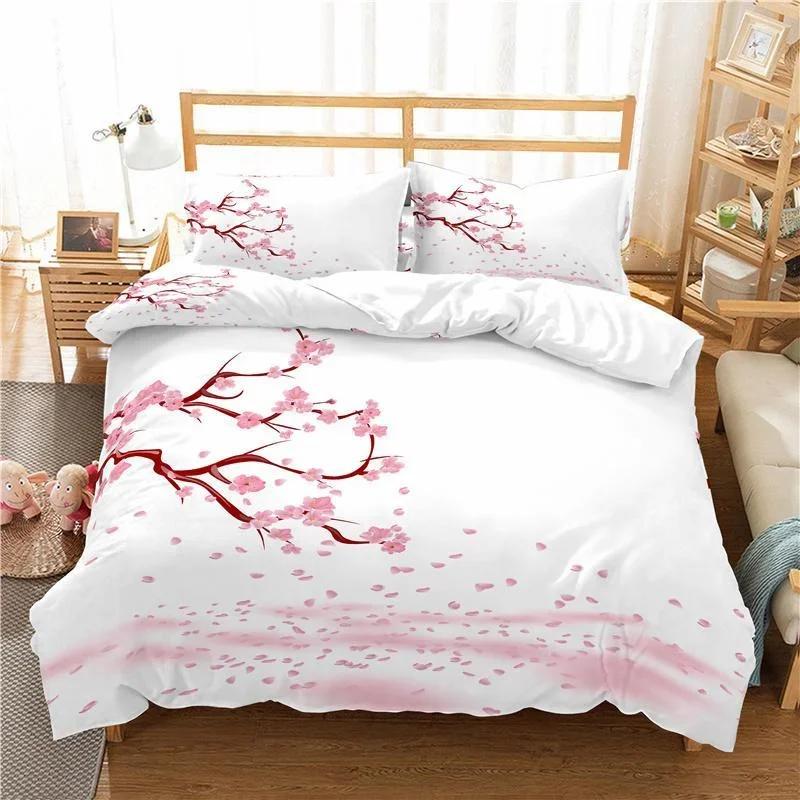 Plum Blossom Red Flower Floral Comfortable Duvet Quilt Cover Pillowcase Bedding Set Children Bedroom Decoration Home Textile