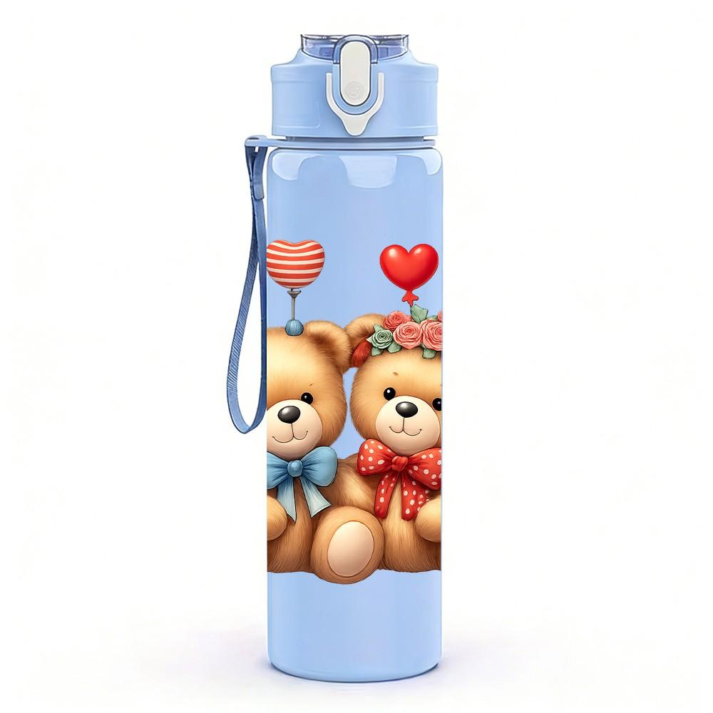 1PC Twin Love Teddy Bears 750ml Color Plastic Sports Water Bottle Leakproof Flip Straw Lid Suitable for Sports Office Home Use